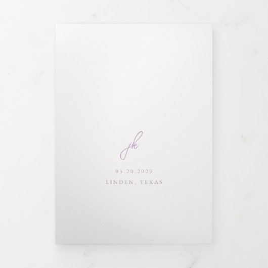 Elegante Lila Script Monogram bruiloft Drieluik Uitnodiging (Cover)