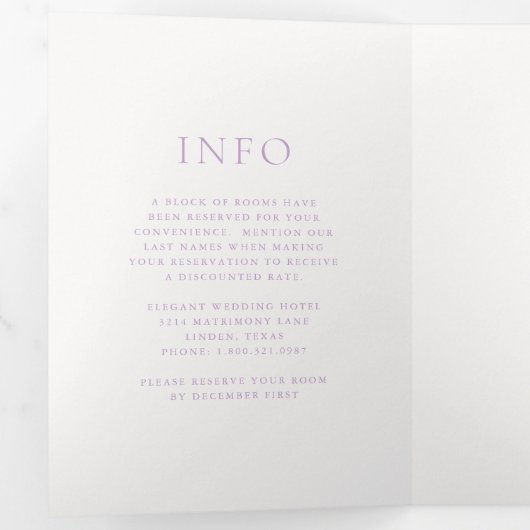 Elegante Lila Script Monogram bruiloft Drieluik Uitnodiging (Binnenzijde eerst)