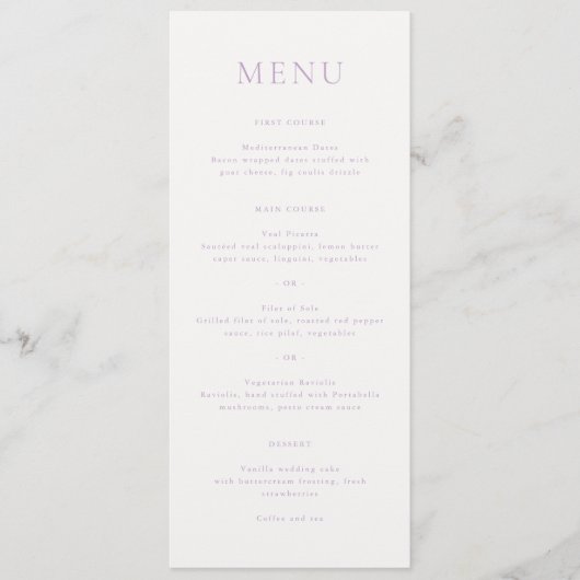 Elegante Lila Script Monogram bruiloft Menu (Voorkant)