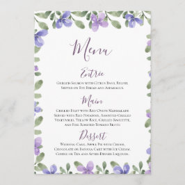 Elegante lila stoffige blauwe bloemige trouwrecept menu