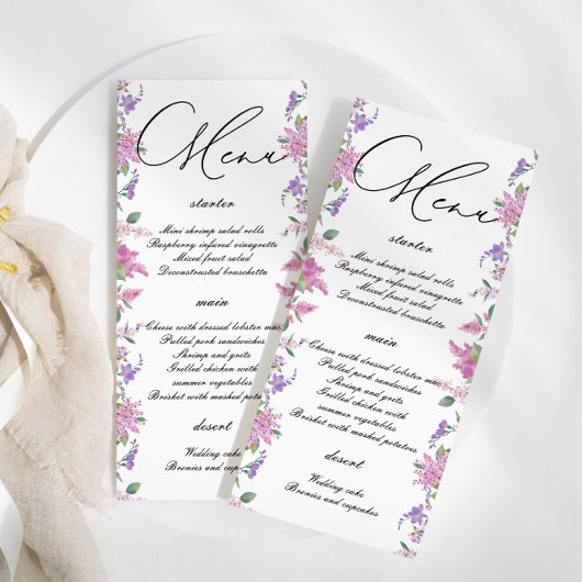 Elegante Lila Waterverf Bloemen Bruiloft Menu