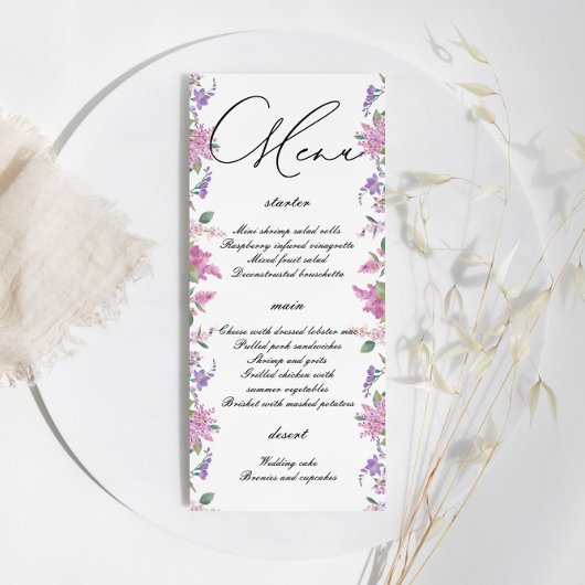 Elegante Lila Waterverf Bloemen Bruiloft Menu