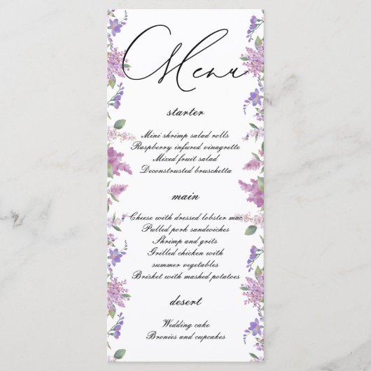 Elegante Lila Waterverf Bloemen Bruiloft Menu (Voorkant)