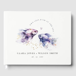 Elegante Lila Waterverf Kustvisbruiloft Gastenboek