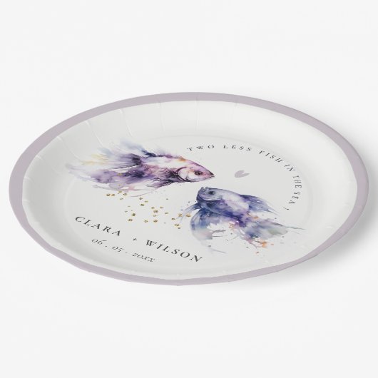 Elegante Lila Waterverf Kustvisbruiloft Papieren Bordje (Gekanteld)