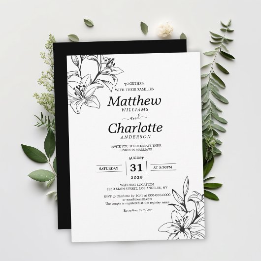 Elegante Lily Bloem Zwart-wit Bruiloft Kaart