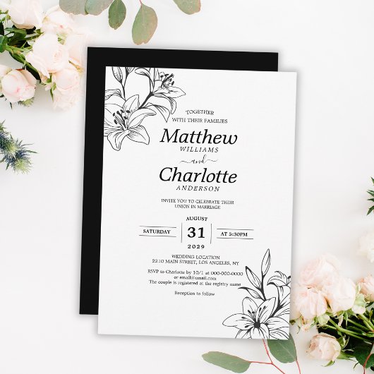 Elegante Lily Bloem Zwart-wit Bruiloft Kaart