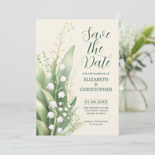 Elegante Lily van de vallei Bruiloft Save The Date Kaart (Staand voorkant)