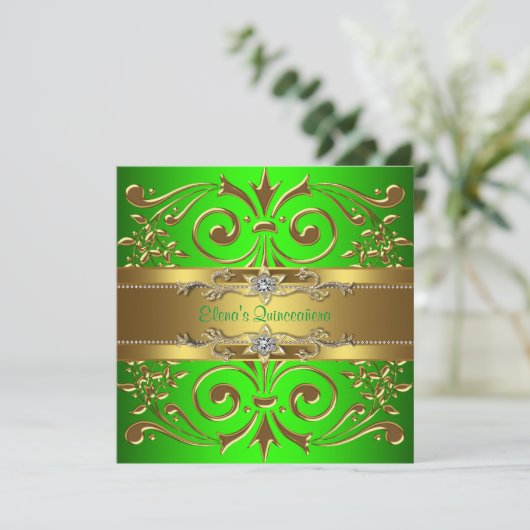 Elegante Lime Green en Gold Quinceanera uitnodigin Kaart (Staand voorkant)
