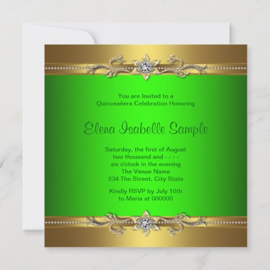 Elegante Lime Green en Gold Quinceanera uitnodigin Kaart (Achterkant)