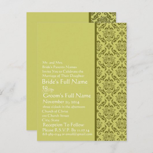 Elegante Limoen Damask bruiloft uitnodiging (Voorkant / Achterkant)