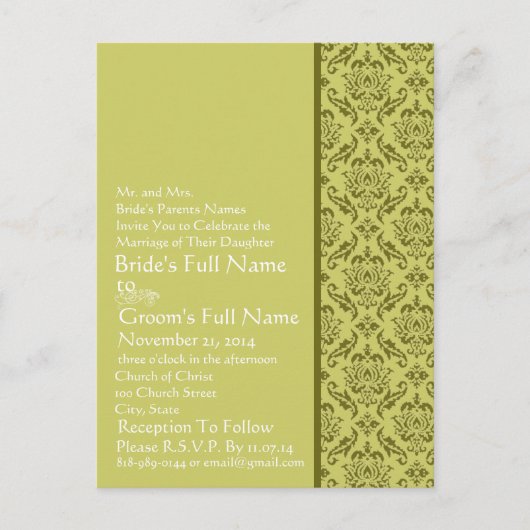 Elegante Limoen Damask bruiloft uitnodiging Briefkaart (Voorkant)