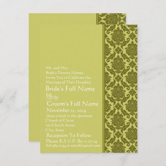 Elegante Limoen & Groene Damast bruiloft uitnodigi Uitnodiging Briefkaart (Voorkant / Achterkant)