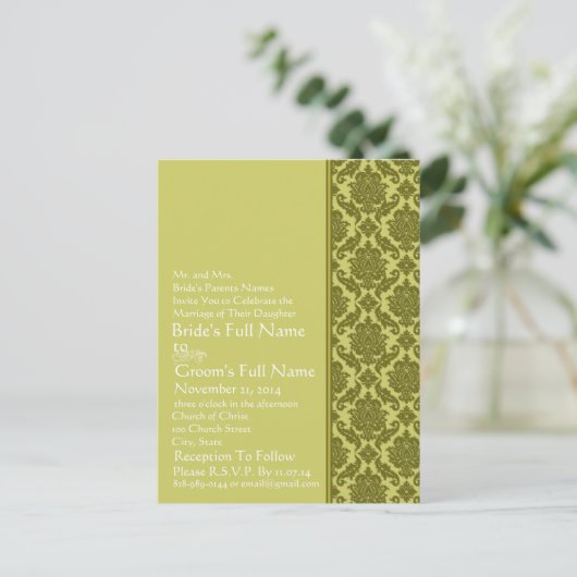 Elegante Limoen & Groene Damast bruiloft uitnodigi Uitnodiging Briefkaart (Staand voorkant)