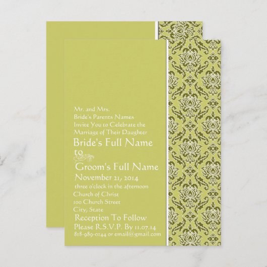 Elegante Limoen & Wit Damask huwelijksuitnodiging Uitnodiging Briefkaart (Voorkant / Achterkant)