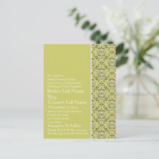 Elegante Limoen & Wit Damask huwelijksuitnodiging Uitnodiging Briefkaart (Staand voorkant)