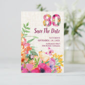 Elegante Linnen 80ste Verjaardag Bloementuin Save The Date (Staand voorkant)