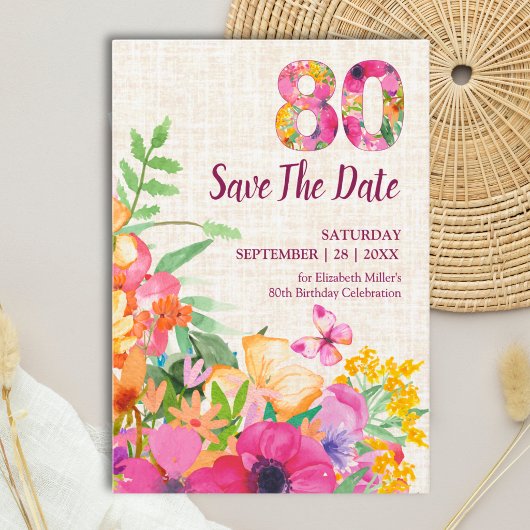 Elegante Linnen 80ste Verjaardag Bloementuin Save The Date