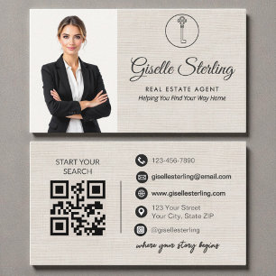 Elegante Linnen Foto Vastgoedmakelaar QR-code  Visitekaartje