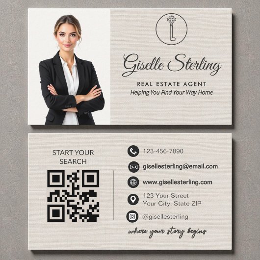 Elegante Linnen Foto Vastgoedmakelaar QR-code Visitekaartje