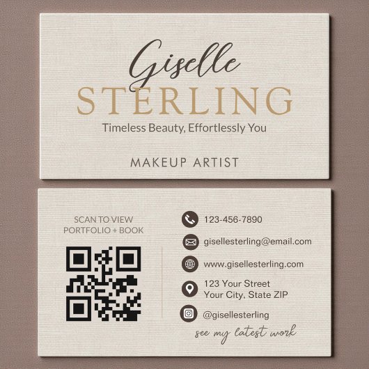 Elegante Linnen Script  Moderne QR Code Visitekaartje