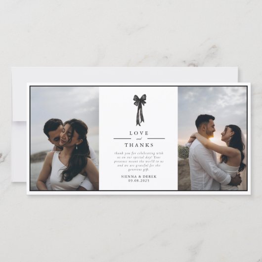 Elegante lint boog zwart en wit bruiloft bedankkaart (Voorkant)