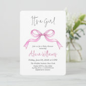 Elegante lint roze strik baby meisje baby shower kaart (Staand voorkant)