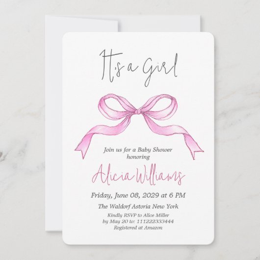 Elegante lint roze strik baby meisje baby shower kaart (Voorkant)