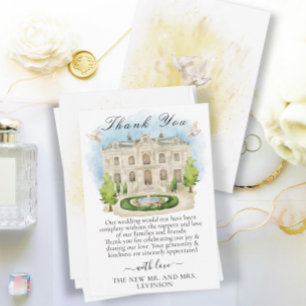 Elegante locatie met fontein, bloemen en duiven bedankkaart