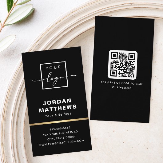 Elegante logo QR-code gouden verlooprand zwart Visitekaartje