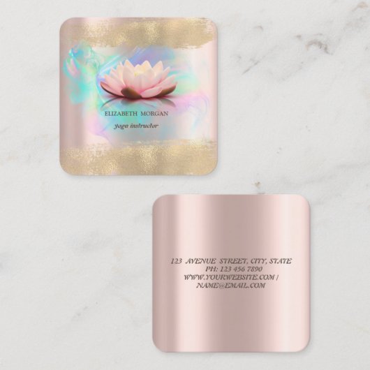 Elegante Lotus Bloem Gouden Borstel Slag Holografi Vierkante Visitekaartje (Voorkant / Achterkant)