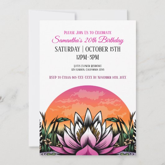 Elegante Lotus Bloem Verjaardag Uitnodiging (Achterkant)