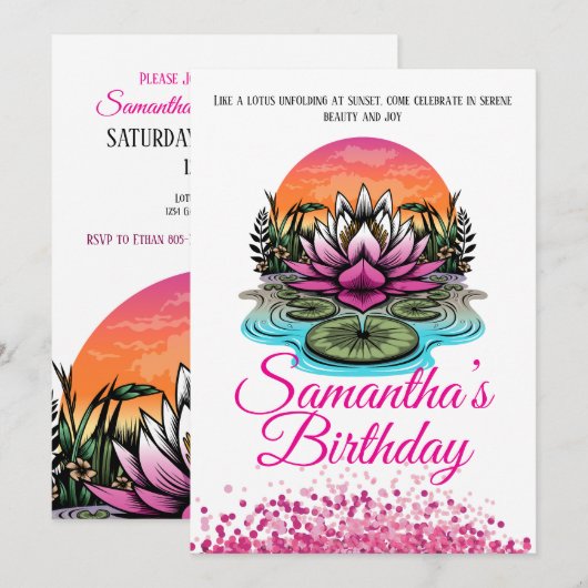 Elegante Lotus Bloem Verjaardag Uitnodiging (Voorkant / Achterkant)