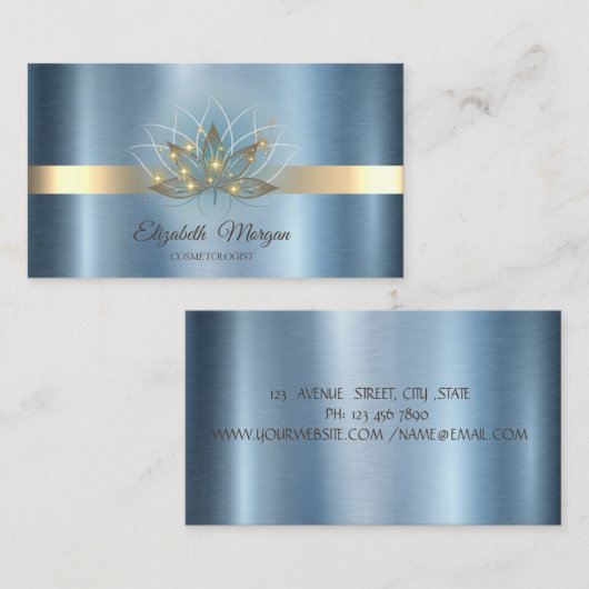 Elegante Lotus Stripe Sparkle Blue Metallic Visitekaartje (Voorkant / Achterkant)