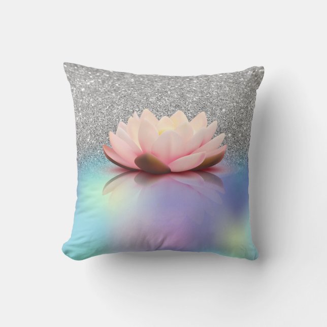 Elegante Lotus Zilveren Glitter Bokeh Holografisch Kussen (Voorkant)