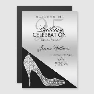 Elegante Lovertje Stiletto, Zilver & Zwarte Verjaa Magnetische Uitnodiging