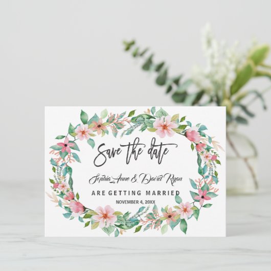 Elegante Luau Tropische Bloemenkrans Save The Date (Staand voorkant)