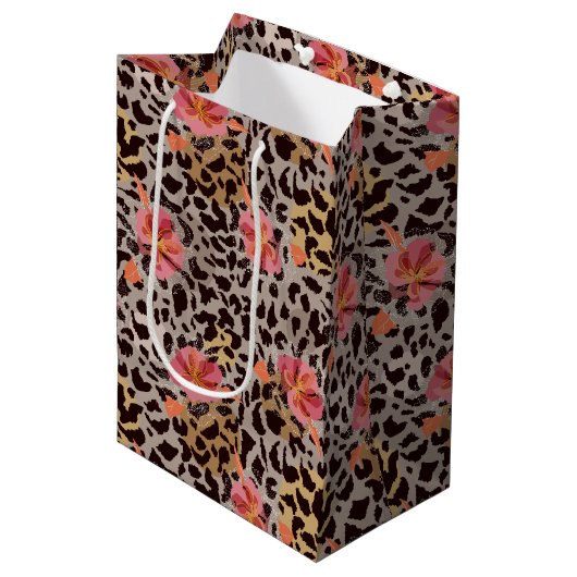 Elegante Luipaard Bloemen Medium Cadeauzakje (Voorkant Gekanteld)
