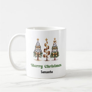 Elegante luipaard kerstbomen aangepaste naam mok