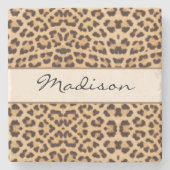 Elegante luipaard Print Zwart Bruin Script Naam Stenen Onderzetter (Voorkant)