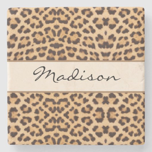 Elegante luipaard Print Zwart Bruin Script Naam Stenen Onderzetter (Voorkant)