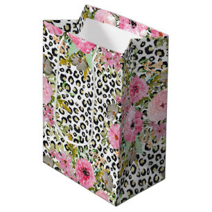 Elegante luipaarddruk en bloemenontwerp medium cadeauzakje
