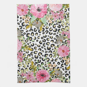 Elegante luipaarddruk en bloemenontwerp theedoek