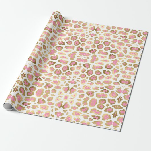 Elegante luipaardprint gouden folie roze witte gir cadeaupapier (Uitgerold)