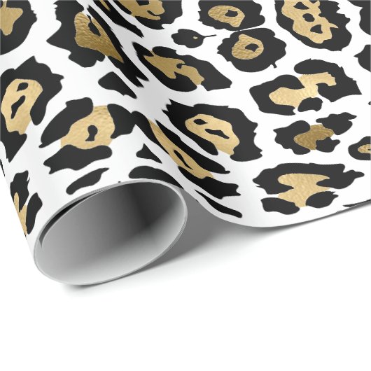 Elegante luipaardprint gouden folie zwart wit chic cadeaupapier (Rol Hoek)