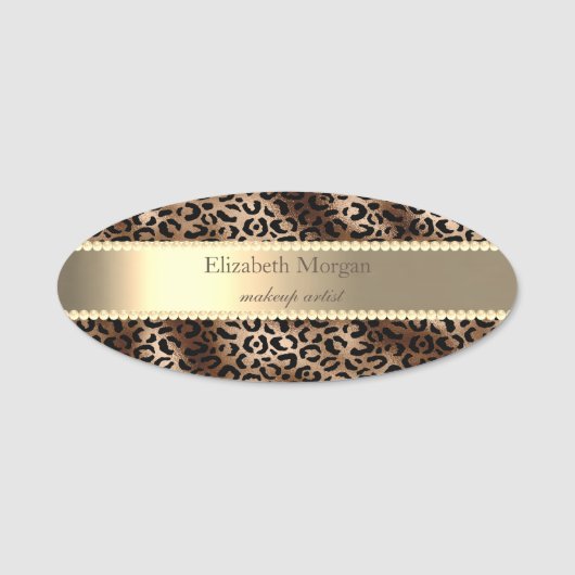 Elegante luipaardprint, streep, parels naamplaatje (Voorkant)