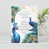 Elegante Lux Peacocks Flora Wedding Kaart (Staand voorkant)