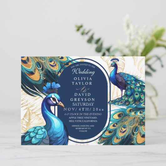 Elegante Lux Peacocks Garden Emerald Green Wedding Kaart (Staand voorkant)