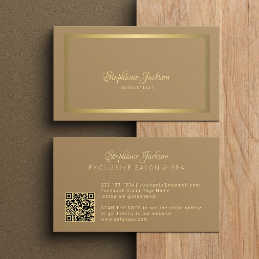 Elegante luxe beige en gouden QR-code kapper Visitekaartje