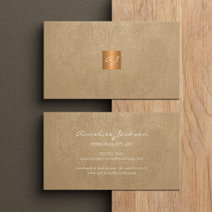 Elegante luxe beige leer koper goud monogram visitekaartje